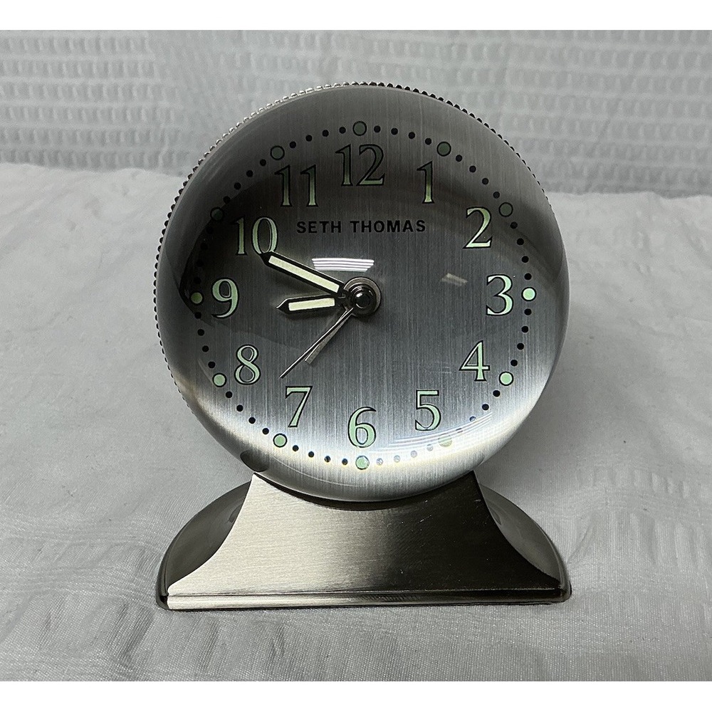 Vintage Seth Thomas Shelf Mantle Clock Alarm Glow In Dark Glass Globe Steel Case